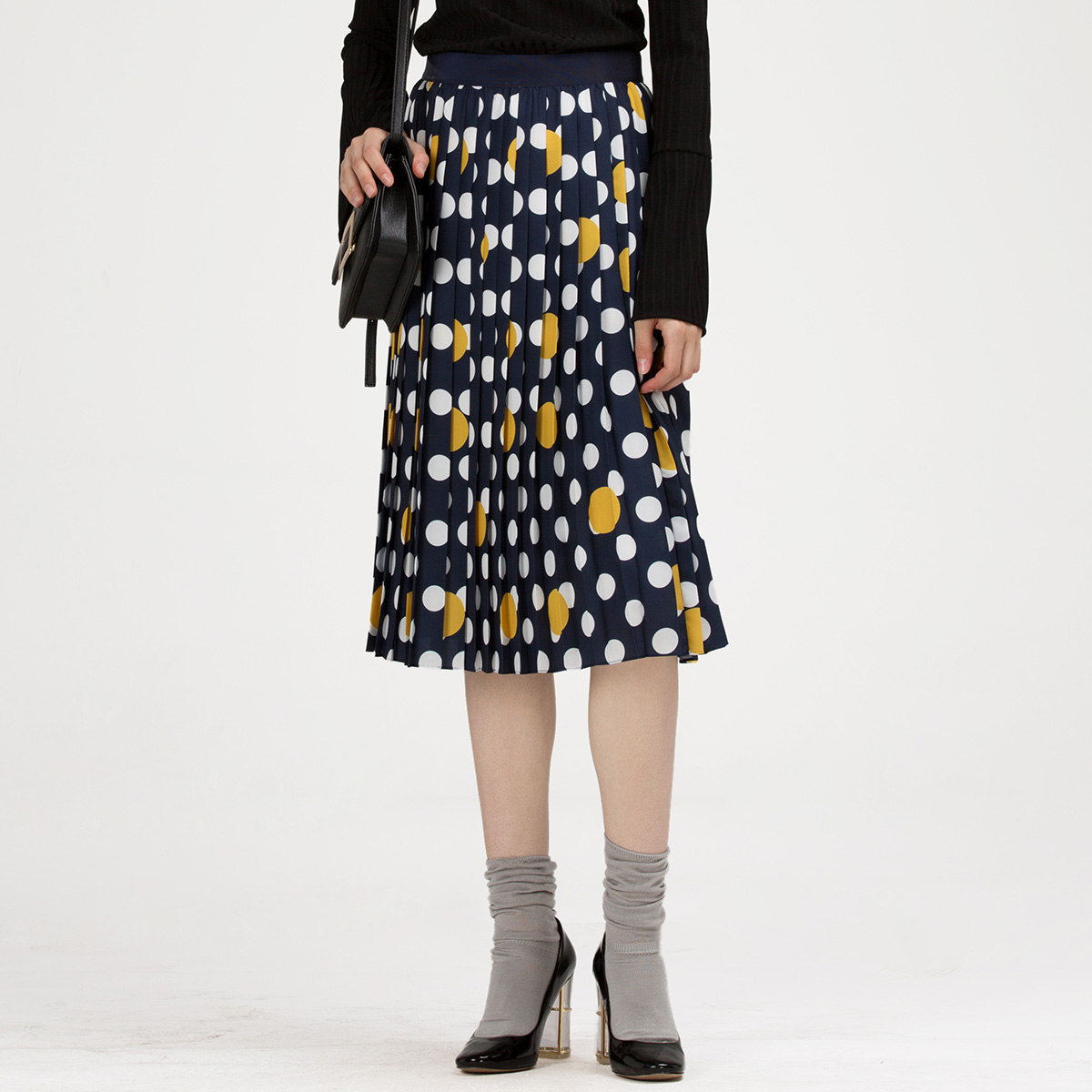 SteveVivian奢唯女装秋季新品撞色波点印花百褶半身裙裙子潮