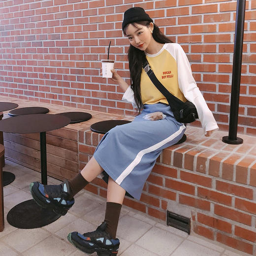 韩都衣舍2020韩版女装夏装休闲a字裙高腰潮中长款半身裙EK9104囡 商品图3