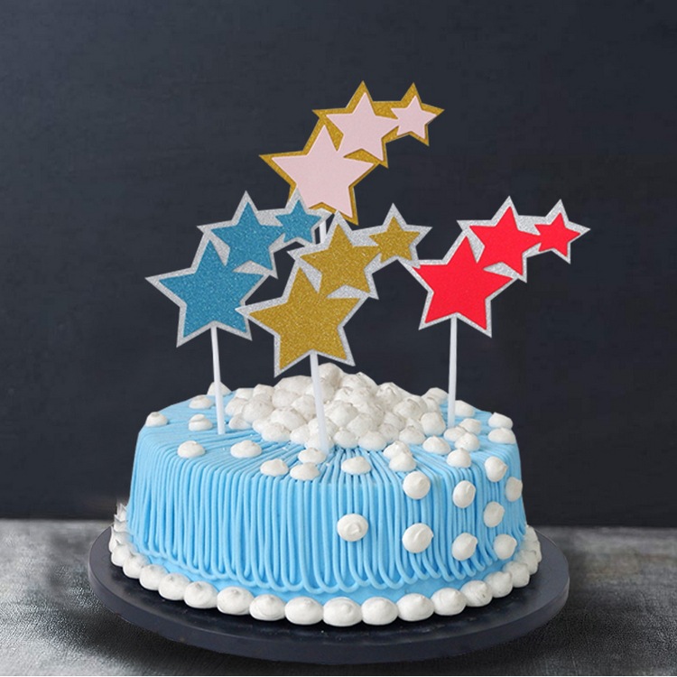 新款立体五角星蛋糕插牌 双层星星串蛋糕插旗装饰
