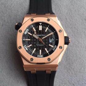 N爱彼15703zhongjiV8版，精钢外壳包玫瑰金！实测高强度防水200米！进口9015改正品3120机！原装潜水硅胶表带！密底，男士，足够乱真！