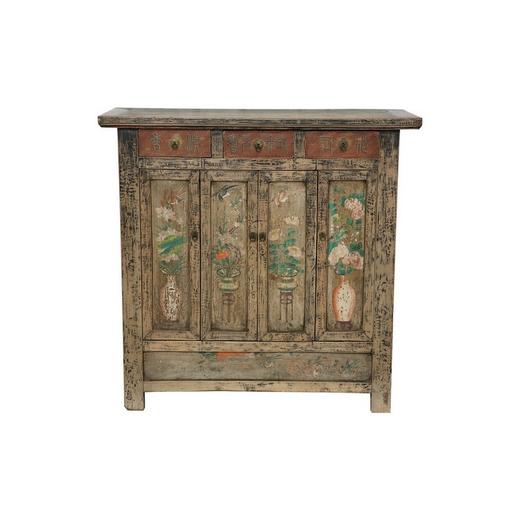 清晚期杨木古董家具三屉四门柜彩绘柜玄关柜QB18040131 Antique Poplar wood Cabinet 商品图0
