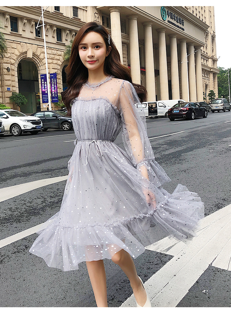 2019新款韩版气质连衣裙女长袖高腰网纱透视露肩连衣裙打底裙夏