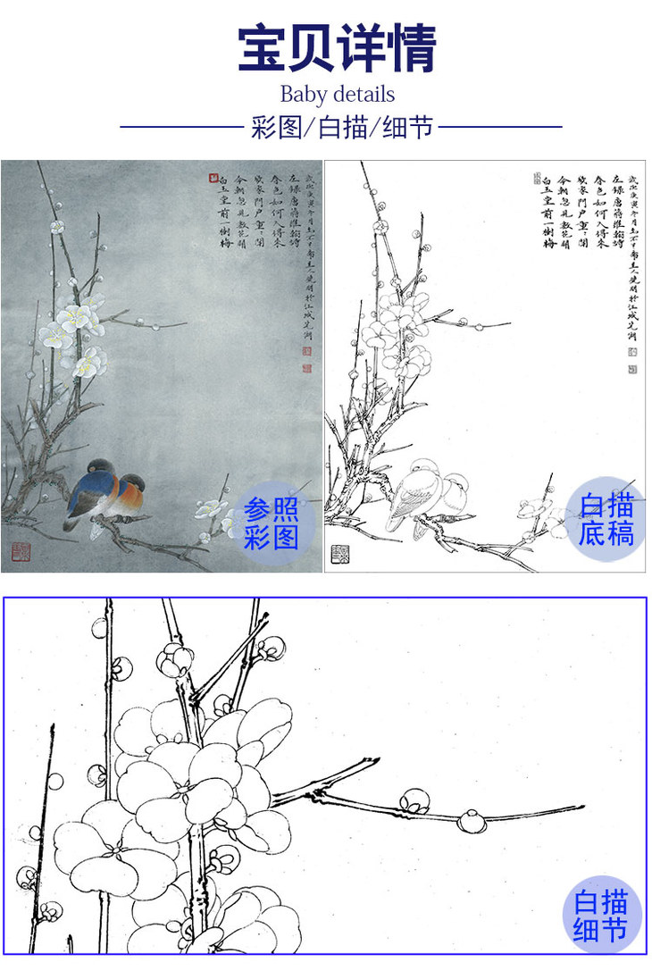 李晓明工笔花鸟白描底稿-梅兰竹菊四册页之一-k124