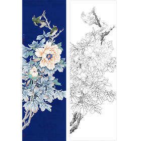 李晓明竖幅条屏工笔花鸟白描底稿-牡丹《富贵白头立轴》-多种白描尺寸可选-K048