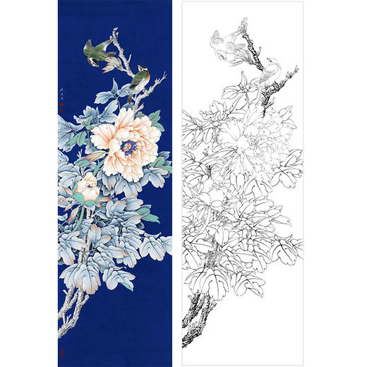 李晓明竖幅条屏工笔花鸟白描底稿-牡丹《富贵白头立轴》-多种白描尺寸可选-K048 商品图0