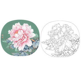李晓明工笔花鸟白描底稿-牡丹团扇四小品之三-多种白描尺寸可选-K022