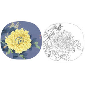 李晓明工笔花鸟白描底稿-牡丹团扇四小品之四-多种白描尺寸可选-K023