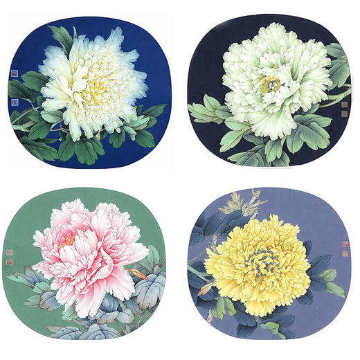 李晓明工笔花鸟作品底稿-牡丹团扇四小品-一套四幅册页-KF25 商品图0