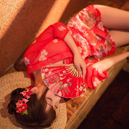 霏慕印花雪纺开襟低领印花和服7061 红色 商品图1