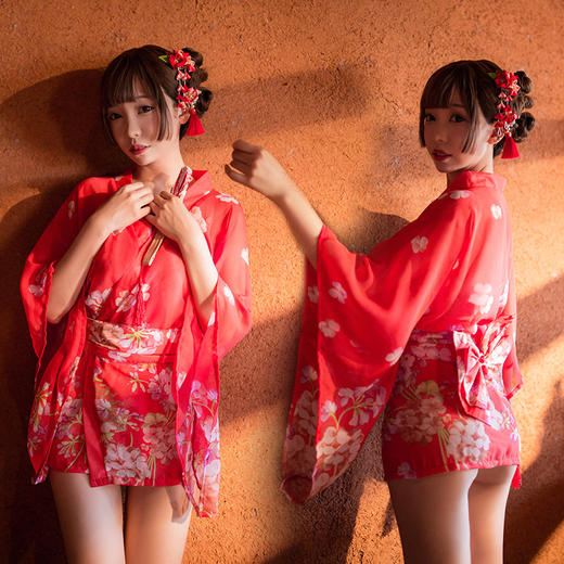 霏慕印花雪纺开襟低领印花和服7061 红色 商品图0