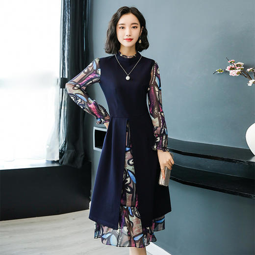 HZN-2019新款女装长袖修身淑女假两件印花连衣裙TZW 商品图0