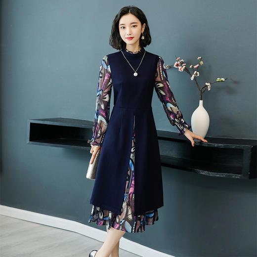 HZN-2019新款女装长袖修身淑女假两件印花连衣裙TZW 商品图1