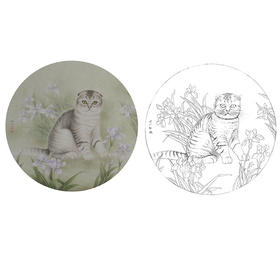 工笔动物白描底稿-李保山-猫咪小品《自享花香》-多种白描尺寸可选-EL05