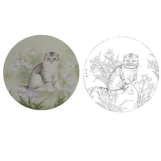 工笔动物白描底稿-李保山-猫咪小品《自享花香》-多种白描尺寸可选-EL05 商品图0