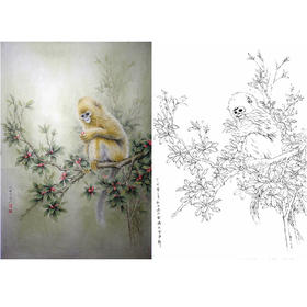 竖幅工笔动物白描底稿-李保山-猴《神秘园》-多种白描尺寸可选-EL22