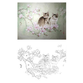 工笔动物白描底稿-李保山-猫《春风送暖》-斗方小品册页-多种白描尺寸可选-EL16