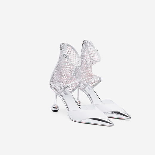 lost in echo烫钻弹力网细跟高跟鞋 尖头双球跟高跟单鞋银色 商品图0