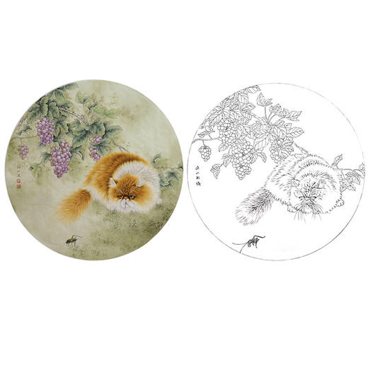 工笔动物白描底稿-李保山-猫咪小品《闲庭小趣》-多种白描尺寸可选-EL12 商品图0