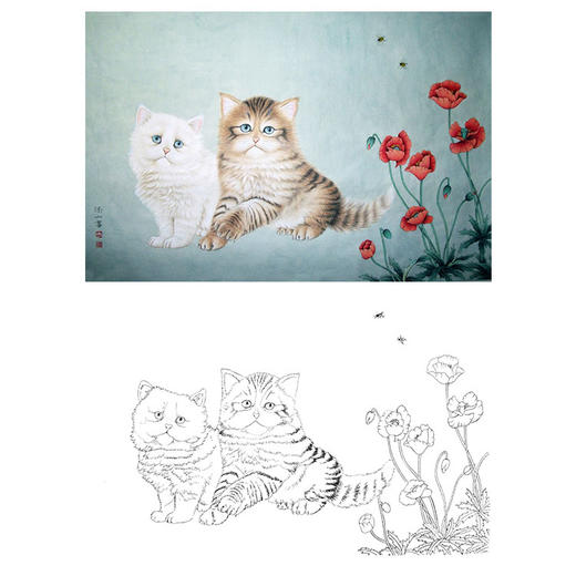 横幅工笔动物白描底稿-李保山-双猫-多种白描尺寸可选-EL17 商品图0