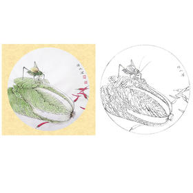 工笔蔬菜白描底稿-李保山-白菜蝈蝈草虫小品《鸿运百财图》-EL14