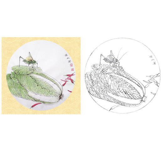 工笔蔬菜白描底稿-李保山-白菜蝈蝈草虫小品《鸿运百财图》-EL14 商品图0