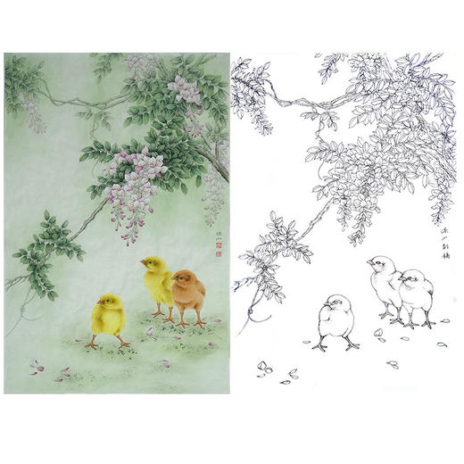 竖幅工笔动物白描底稿-李保山-小鸡雏《花蔓宜阳春》-多种白描尺寸可选-EL20 商品图0