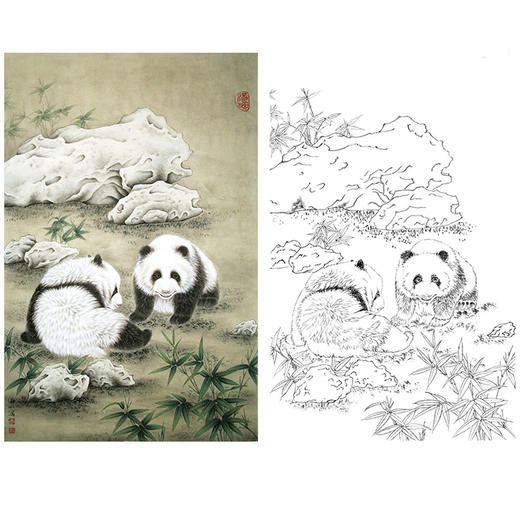 竖幅工笔动物白描底稿-李保山《闲庭小趣》-熊猫-多种白描尺寸可选-EL30 商品图0