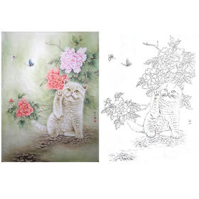 工笔动物白描底稿-李保山-猫咪《耄耋富貴》-斗方小品册页-多种白描尺寸可选-EL19