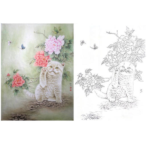 工笔动物白描底稿-李保山-猫咪《耄耋富貴》-斗方小品册页-多种白描尺寸可选-EL19 商品图0