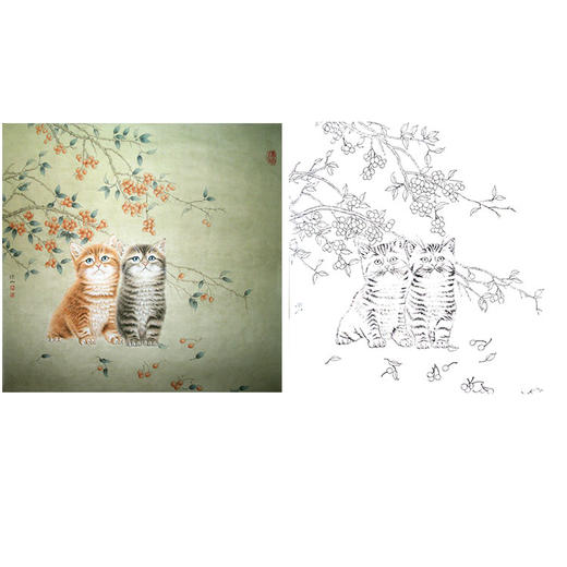 工笔动物白描底稿-李保山-猫《山丁子》-斗方小品册页-多种白描尺寸可选-EL26 商品图0