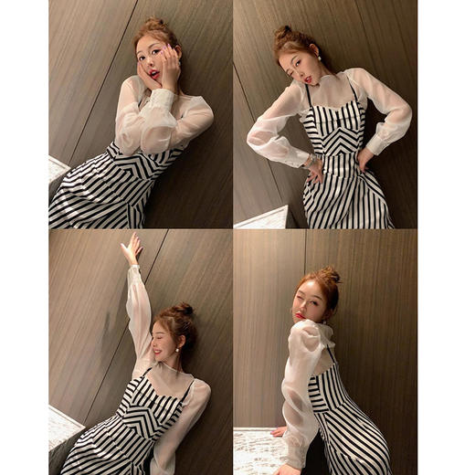 余潇潇2019春装新款黑白条纹开叉短裙女欧根纱法式名媛吊带连衣裙 商品图0