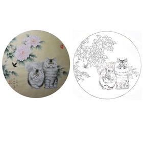 工笔动物白描底稿-李保山-猫咪小品《耄耋富贵》-多种白描尺寸可选-EL11