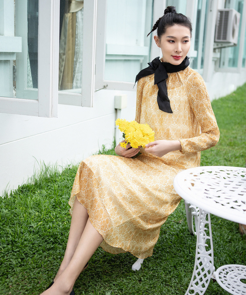 蚕丝印花旗袍长袖连衣裙真丝两件套装生活在左夏季新款女装1982181390
