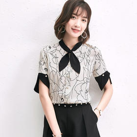【衬衫】。夏季韩版时尚外贸女装职业OL上衣宽松显瘦短袖印花雪纺衬衫女