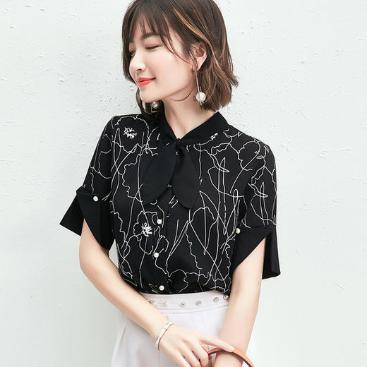 【衬衫】。夏季韩版时尚外贸女装职业OL上衣宽松显瘦短袖印花雪纺衬衫女 商品图1