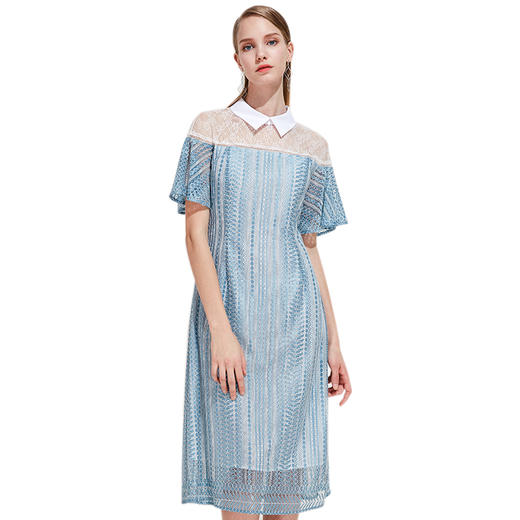 EITIE爱特爱夏季衬衣领蕾丝拼接气质小香风连衣裙中长款B1907006 商品图3