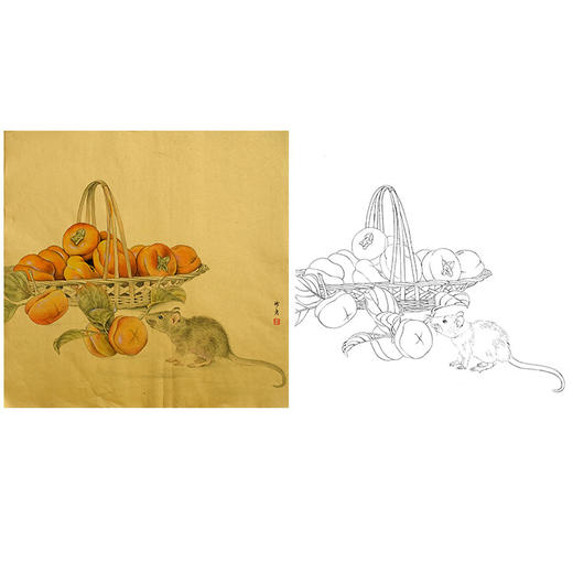 工笔动物白描底稿-孙锡之作品十二生肖-鼠柿子-斗方小品册页-SY01 商品图0