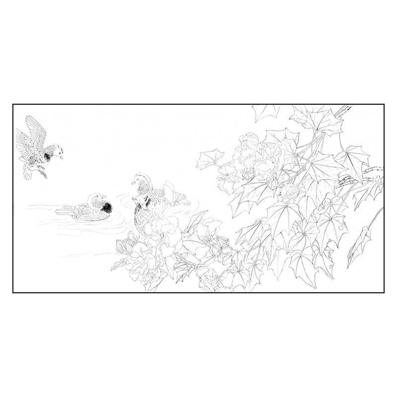 hf117周中耀工笔画白描底稿国画花鸟鸳鸯芙蓉线描临摹