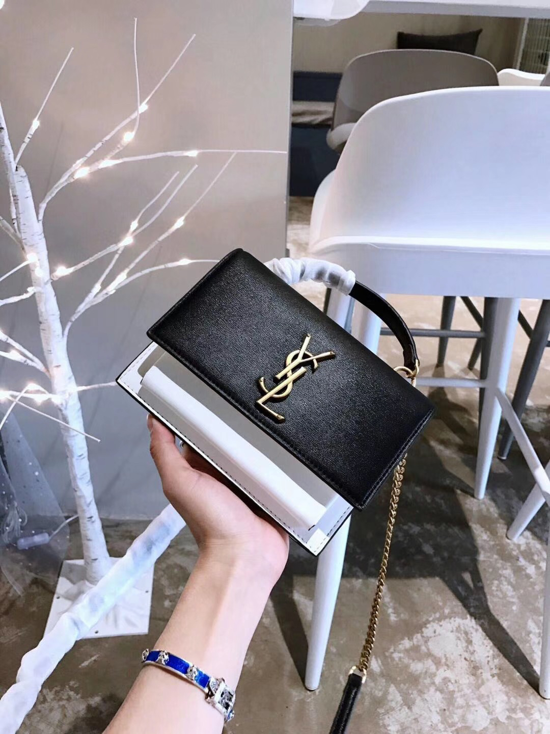 ysl 杨树林 高级象牙纹 ss19 高金黑白撞色 sunset翻盖mini迷你小链条