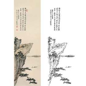 陈少梅竖幅工笔山水白描底稿-《松崖轻舟》-多种白描尺寸可选-CR53