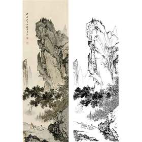 陈少梅竖幅工笔山水人物白描底稿-《山间对饮》-多种白描尺寸可选-CR59