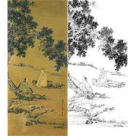 陈少梅竖幅工笔山水人物白描底稿-《听琴》-多种白描尺寸可选-CR68