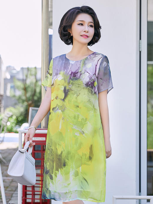 迪葵纳中年妈妈装2019夏装新款中老年女装雪纺短袖连衣裙WD7376轩 商品图2