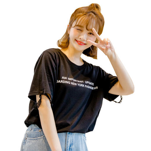 范奎恩韩版大码女装胖MM上衣2019夏装新款胖妹妹显瘦字母短袖T恤 商品图1