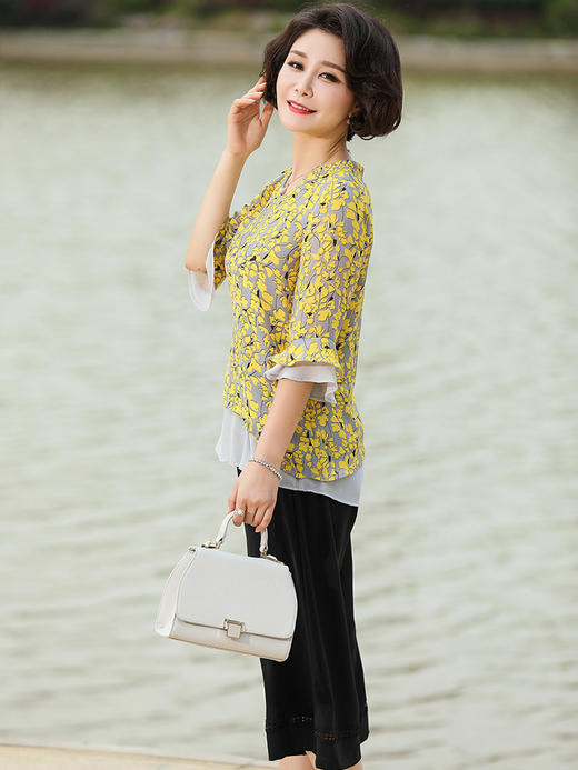 迪葵纳中年妈妈装裤子2019夏装新款两件套中老年女装套装FQ7345莜 商品图2