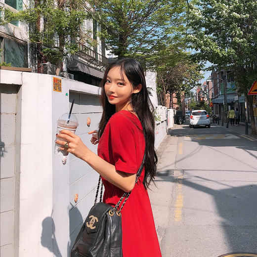 韩都衣舍2019夏装新款女装韩版气质方领红色仙女裙连衣裙LZ8729烎 商品图1