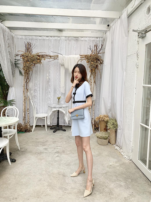 洛诗琳2019年夏装新品名媛风时尚尖领蝴蝶结收腰连衣裙 商品图4