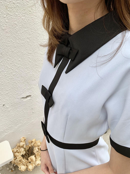 洛诗琳2019年夏装新品名媛风时尚尖领蝴蝶结收腰连衣裙 商品图6