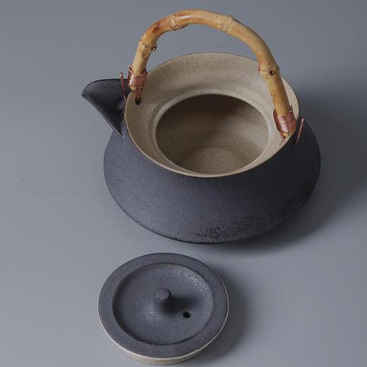 「纯手工竹提梁铁黑釉陶壶」景德镇煮水壶茶壶 粗陶功夫茶具 商品图2