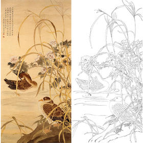陈之佛竖幅工笔花鸟白描底稿《浴雁》-多种白描尺寸可选-QA41